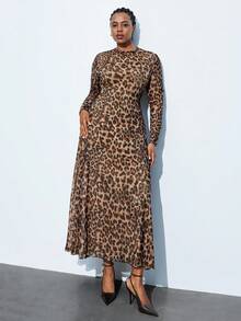 Maija Plus Size Women's Elegant Brown Leopard Print Maxi Dress, Autumn High Waist A-Line Fitted Gown,Night Out Club Party Holiday Vacation Outfit - Multicolor - View 3