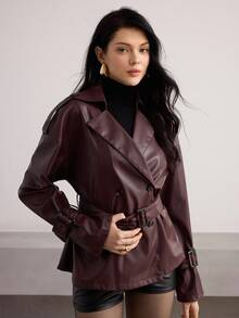 Modelyn 女式双排扣束腰 PU 皮夹克，秋冬时尚 - 棕色 - 查看 4