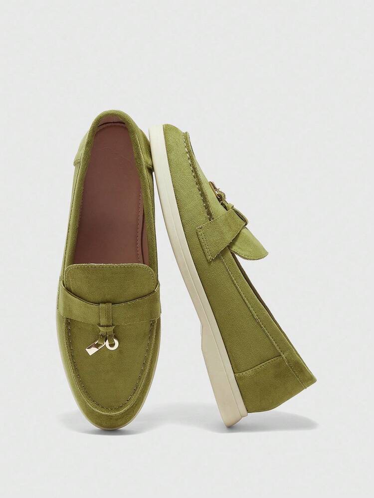 CUCCOO BIZCHIC Women's Olive Green Suede Comfortable Casual Loafers, Versatile Flat Slip-On Shoes Suitable For Outdoor, Commuting, Work And Daily Wear