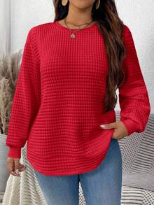 SHEIN LUNE 秋季大码休闲纯色圆领落肩纹理运动衫 - 紅色 - 查看 1