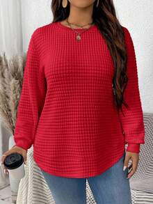 SHEIN LUNE 秋季大码休闲纯色圆领落肩纹理运动衫 - 紅色 - 查看 6