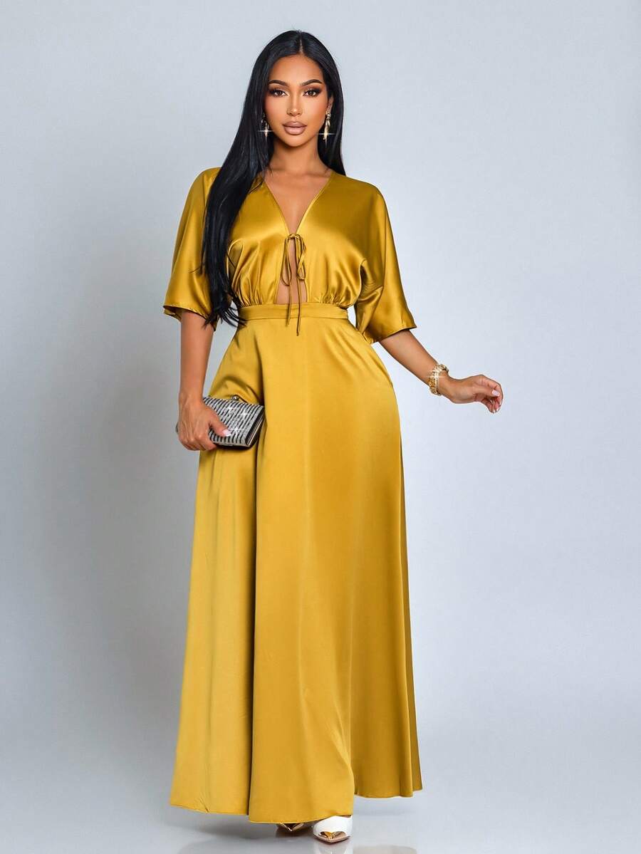 SOLERSUN Women's Mustard Yellow Summer Elegant Party Night Satin Long Dress,Old Money Minimalist V Neck Glossy Banquet Gala Prom Outing Clothing For Ladies - Mustard Yellow - View 1