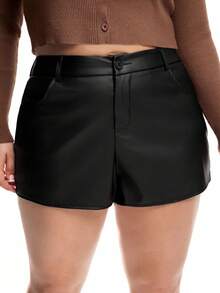Solavibe Plus Size High Waist Solid Color Zipper Shorts, Autumn/Winter - Black - View 4