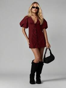 MISSGUIDED Summer Gingham Mini Dress Button Down Empire Waist Puff Sleeve Tie Front Bow Back A Line Retro Style Christmas - Red and Black - View 4
