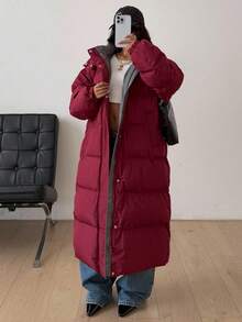 DAZY Hooded Contrast Lining Pocket Thick Long Red Christmas & New Year Padded Coat For Women, Autumn/Winter - Burgundy - View 5