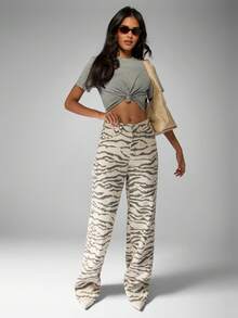 MISSGUIDED Cotton Wide Leg Zebra Print Denim Jeans High Waisted Casual Fashion Animal Pattern Statement Pants Fall Winter Collection Modern Y2K Style