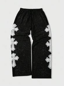 ROMWE MEN Goth Men's Autumn/Winter Embroidered Cross Drawstring Waist Loose Sweatpants - Black - View 1