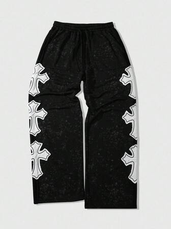 Goth Pantalones de chándal holgados con cordón de cintura y bordado de cruz para hombre, para otoño/invierno