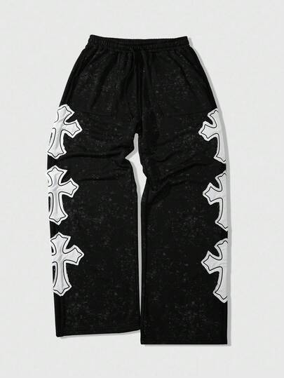 Street Life Pantalones de chándal holgados con cordón de cintura y bordado de cruz para hombre, para otoño/invierno