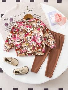 SHEIN Babygirl Cute Cartoon Pattern Thermal Lined Long Sleeve Sweatshirt And Pants Set, Autumn/Winter Fall - Coffee Brown - View 3