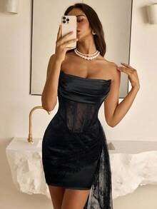 SHEIN Belle Elegant Black Lace Patchwork Strapless Plunging Waist Mesh Sheer Bodycon Ruffle Hem Dress, Suitable For Date, Vacation, Birthday Party, Graduation, Afternoon Tea, Wedding, Bridal Shower, Gift