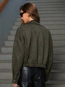 GENKIRA Áo khoác da lộn giả màu trơn rộng rãi phong cách châu Âu có túi cài áo trang trí eo có dây rút hở phía trước - xanh quân đội - Xem 2