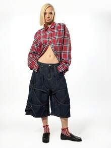 SUMWON WOMEN Cotton Oversized Plaid Check Long Sleeve Button Down Shirt With Call My Stylist Print Fall Winter Streetwear Holiday Collection - Red - View 3