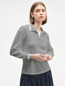 Gameset SHEIN Sport 女式条纹长袖休闲健身运动 Polo 衫 - 灰色 - 查看 6