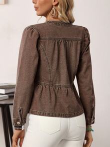 EMERY ROSE Women's Casual Denim Jacket With Single-Breasted, Puff Sleeves And Ruffle Hem, Suitable For Autumn - Coffee Brown - View 2