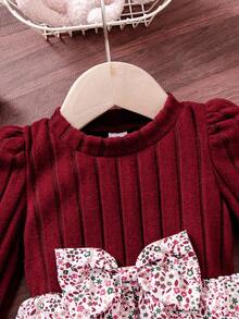 SHEIN 女婴休闲碎花长袖罗纹针织连衣裙，秋季 - 酒紅色 - 查看 7