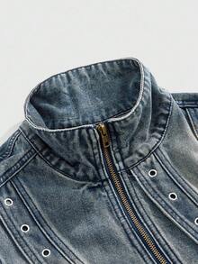 ROMWE MEN Grunge Punk Men's KPOP Long Sleeve Eyelet Design Zipper Front Racing Jacket