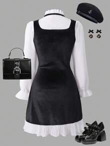 Sparklyn 女童拼色蝴蝶结装饰高腰连衣裙，二合一设计女童休闲简约舒适拼色泡泡袖连衣裙 - 黑與白 - 查看 2