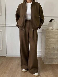 Livesso 2pcs Women's Casual Suit Set: Straight Leg Knitted Blend Jacket Coat And Relaxed Fit Pants, Business Casual Commuter Style, Brown, Autumn/Winter Tracksuits Women Set Lounge Sets For Women - Brown - View 3