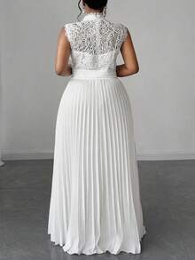 SHEIN CURVE+ Đầm xòe xếp ly không tay cổ đứng cỡ lớn cho nữ, có khóa kéo phía sau và thắt lưng, đầm dự tiệc thanh lịch - trắng - Xem 2