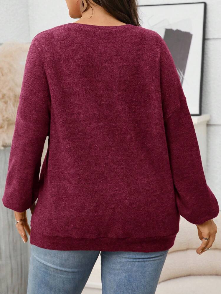 Women Plus Size Solid Color Crew Neck Long Sleeve Sweatshirt, Casual Women Sweater  Red Sweater Fall Clothes For Women Winter Clothes