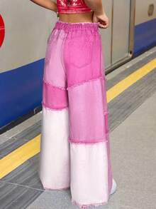 SHEIN Tween Girl Y2K Fashionable Loose Fit Denim Jeans With Frayed Hem Design And Contrast Color Raw Detailed, Spring And Summer Boho - Pink - View 2