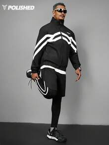 Manfinity Acti Log 男士撞色条纹抽绳腰带二合一运动裤 - 黑色 - 查看 5