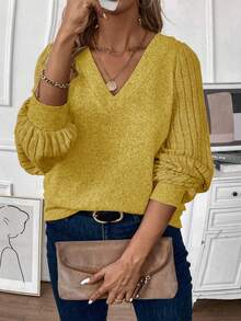 EMERY ROSE Áo thun tay đèn lồng màu trơn cỡ lớn, đa năng cho mùa thu - Màu vàng - Xem 3