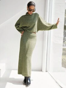SHEIN Luminelle 高领蝙蝠袖毛衣和针织裙 - 綠色 - 查看 4