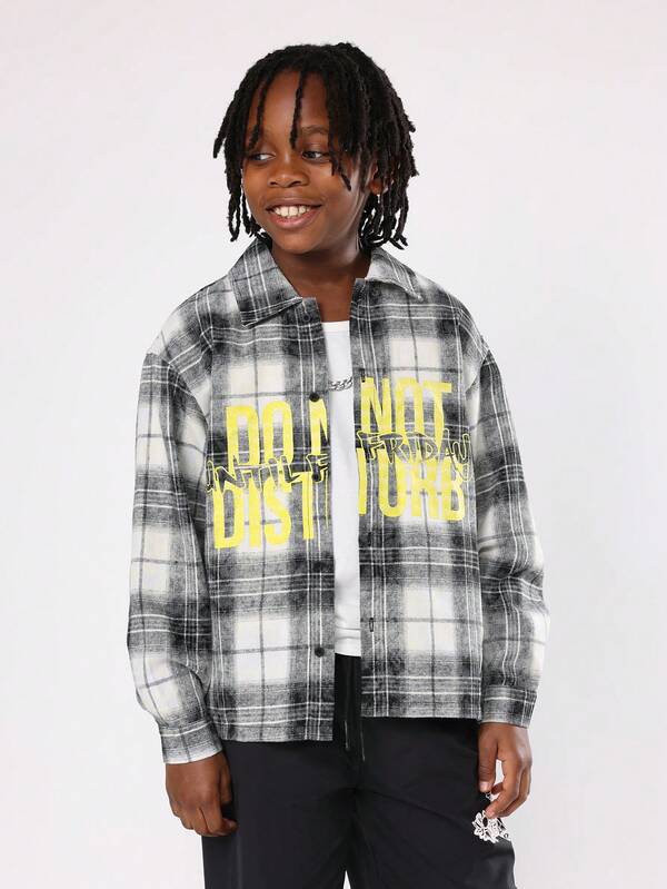 SUMWON Cotton Trendsetter Plaid Flannel Button Down Long Sleeve Shirt Do Not Disturb Graphic Print Casual Streetwear Weekend Look Fall Winter Relaxed Style
