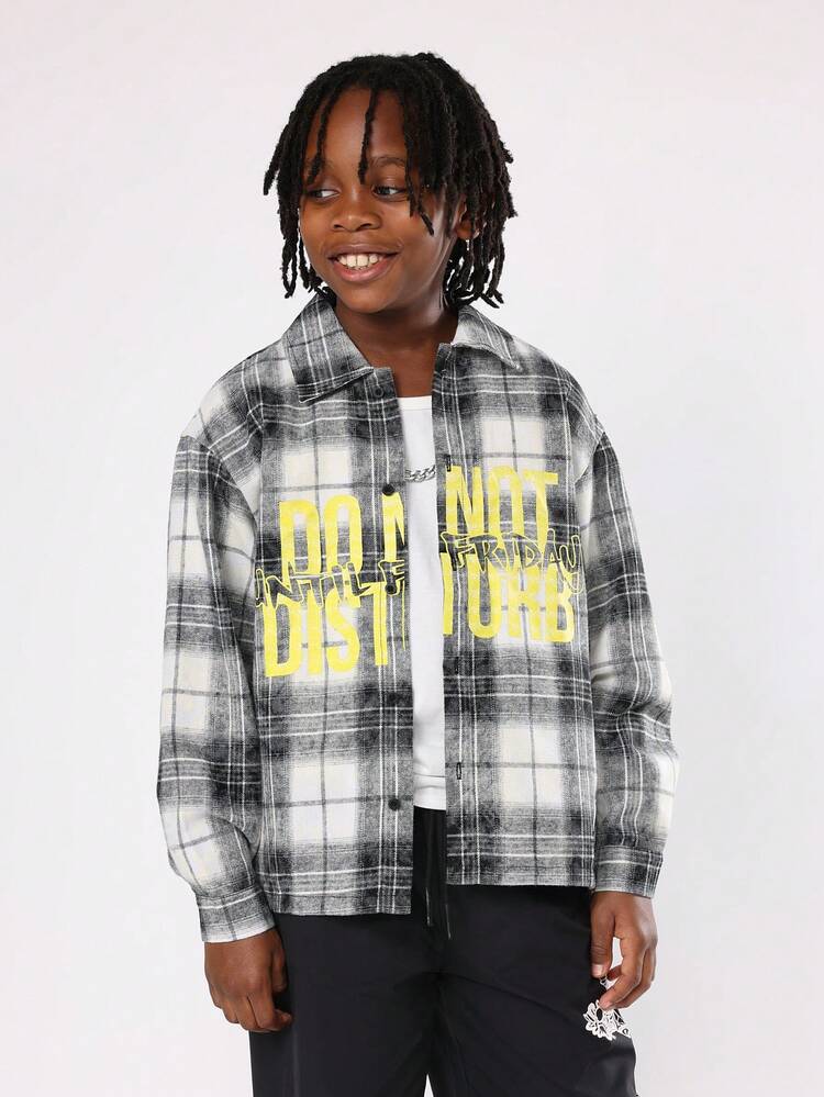 Plaid Flannel Shirt With Yellow Text Print