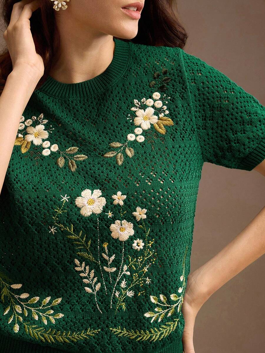 Anewsta 高级刺绣复古风圆领短袖T恤，适合秋季、冬季、外出、优雅、正式、时尚、新年、圣诞节、毕业典礼、婚礼、派对等场合。 - 綠色 - 查看 1