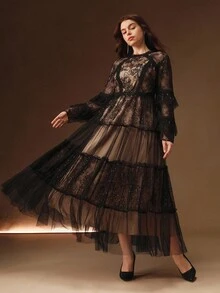 Anewsta 大码女式优雅蕾丝波点网眼拼布荷叶边长袖连衣裙，浪漫风格，适合圣诞节、新年派对、约会、秋冬 - 黑色 - 查看 5