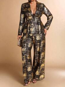 Cravure Christmas Plus Size Women Metallic Foil Elegant Suit Set, Suitable For Party And Office, Autumn/Winter - Multicolor - View 5