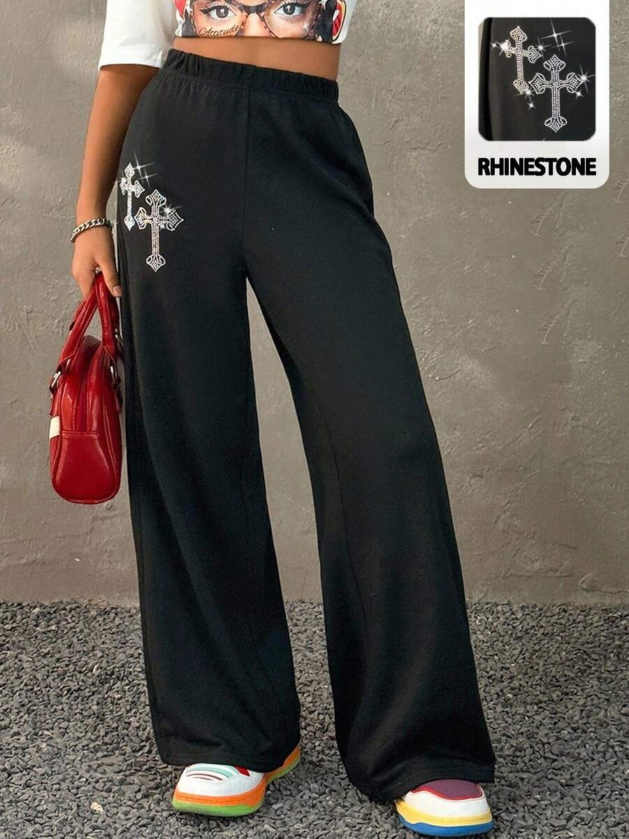 Coolane Kids Pantalones de chándal anchos con cintura con cordón y decoración de strass en estilo Y2K para niñas preadolescentes, atuendos para graduación y regreso a la escuela - Negro - Ver 1