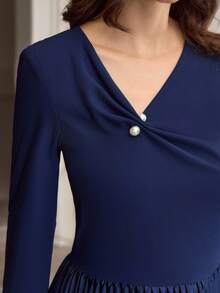 ZEYLAH Asymmetric Collar Metal Buckle Decor Pleated Long Sleeve Maxi Elegant Dress - Navy Blue - View 2