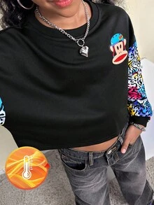 Paul Frank X SHEIN Tween Girl Fall Winter,Cute Preppy ,Comfortable Warm/ Cold Weather/ Thermal ,Athleisure,Cartoon Patter Round Neck Crop Sweatshirt,Christmas - Black - View 5