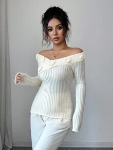 Franclia 杏色女士秋冬休闲3D立体玫瑰装饰罗纹弹力修身针织上衣打底衫法式优雅大V领露肩长袖毛衣返校季日常穿着毛衣秋季女装秋季女装秋季女装秋季女装秋季外出冬季女装优雅时尚休闲通勤商务办公日常休闲百搭气质都市教师职业装 - 米色 - 查看 3