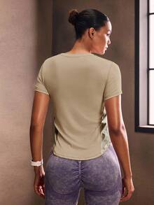 Powerista Camiseta deportiva casual de mujer de unicolor, cuello redondo y manga corta para el gimnasio - Caqui - Ver 7