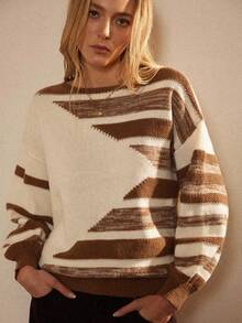 Écloséra Femmes Vintage Décontracté Épaule Tombante Manches Longues Chandail Rayé Contrasté, Automne/Hiver