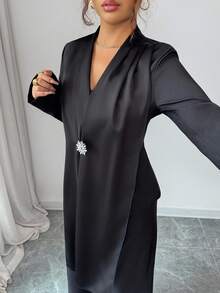 Elenzga Women's Elegant Collar V-Neck Long Sleeve Unique Design Rhinestone Button Closure Jacket And Straight Wide Leg Pants 2-Piece Set, Suitable For Autumn Office Commute - Black - View 3