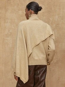 SHEIN Privé VITNOS Beige Women's Turtleneck Sweater & Asymmetrical Cape Two Piece Set,Elegant Autumn Everyday Luxury French Style Cozy Clothes For Party,Holiday - Apricot - View 3