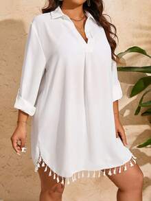 Swim Vcay Plus Size Summer Beach Women's Tassel Hem Beach Cover-Up Shirt - White - View 6