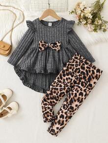 SHEIN 2pcs/Set Young Girl Solid Color Knit Round Neck Patchwork Leopard Print Bow Sweater And Leopard Print Pants, Girls Back To School Outfits, Toddler Girl Outfit Sets, Little Girls Outfit Sets, Kids Clothes, Girls Dress, Little Girl Clothes, Back To School Outfit, Girls Co-Ord Set Toddler Girl Leopard Outfit Girls Leopard Outfit Set Girls Fall Outfit Little Girl Cheetah Outfit Toddler Girl Two Piece Outfit Winter