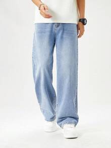 SHEIN Explorewe 青少年男童直筒牛仔裤，蓝色牛仔布，休闲宽松版型，松紧腰带，适合上学、日常穿着、聚会、旅行、通勤、居家等场合，秋冬新品 - 淺色水洗藍 - 查看 4