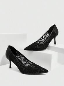 CUCCOO SZL Women's Pointed Toe Lace High Heel Pumps, Sexy & Comfortable, Versatile Black Dress Shoes For Daily Wear, Formal Party, Fashion