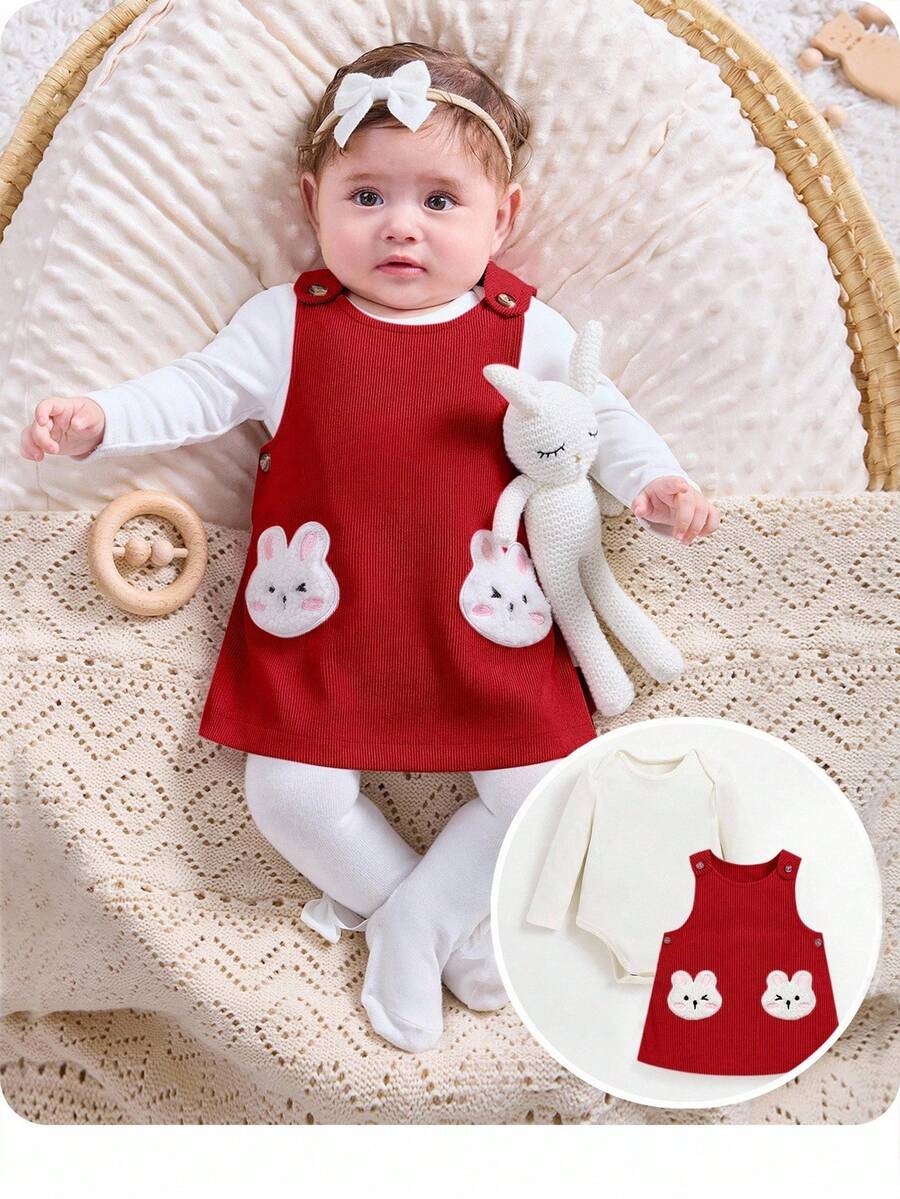 SHEIN Bộ đồ liền thân dài tay và váy họa tiết hoạt hình dễ thương cho bé gái sơ sinh - Đỏ - Xem 1