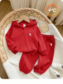 男婴休闲可爱百搭蓝色针织连帽衫和松紧腰裤套装 - 紅色 - 查看 6