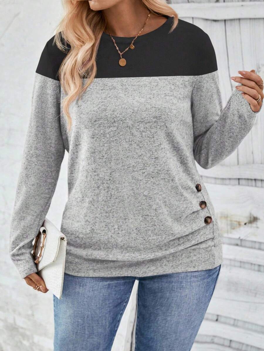 EMERY ROSE Áo thun tay dài cổ tròn màu trơn đơn giản dành cho nữ cỡ lớn mới về - Nhiều màu - Xem 1