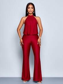 SOLERSUN Tuta elegante e alla moda da donna, di colore tinta unita, con collo alla halter e senza maniche - Bordò - Visualizzare 3